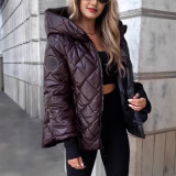 Women Fall Winter Diamond Quilted Hooded Padded Coat