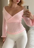 Women Fall Winter Sexy V-Neck Bow Top