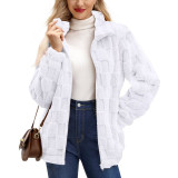 Women Fall Winter Zip Stand Collar Jacquard Plaid Coat