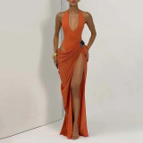 Women Fall Formal Party Elegant Ruched Maxi Dress