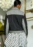 Women Color Block Patchwork Turndown Collar Stitched Cargo Denim Jacket