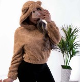 Women Fall Winter Fuzzy Bunny Ear Hooded Sweater