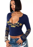 Women American U-Neck Letter Print Long Sleeve T-Shirt Crop Top