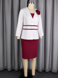 Plus Size Women Color Block V-Neck Blazer & Bodycon Skirt Two Piece Set