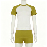 Women Casual Raglan Color Block Short Sleeve Top Shorts Headband Three Piece Set