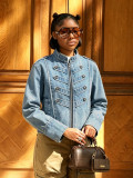 Women Napoleon Style Stand Collar Denim Jacket