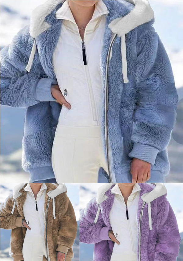 Women Fall Winter Fuzzy Zip Hooded Coat