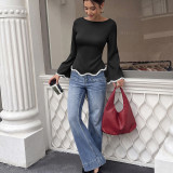 Women Fall Winter Tie Patchwork Ruffle Long Sleeve Boat Neck Shirt