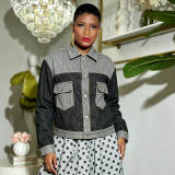 Women Color Block Patchwork Turndown Collar Stitched Cargo Denim Jacket