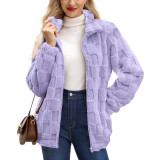 Women Fall Winter Zip Stand Collar Jacquard Plaid Coat