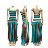 Women Summer Sling Color-Block Backless Striped Color-Block Holidays Dress