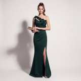 Women Beaded Floral One Shoulder Tassel Chain Slit Mermaid Evening Dress