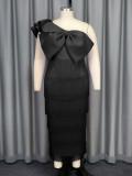 Plus Size Women Black Tassel One Shoulder Big Bow Elegant Bodycon Dress