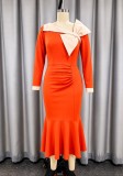 Plus Size Women Orange Color Block Slash Shoulder Big Bow Long Sleeve Ruched Mermaid Bodycon Dress