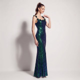 Women Iridescent Sequin Floral Spaghetti Strap Backless Mermaid Formal Party Evening Dress