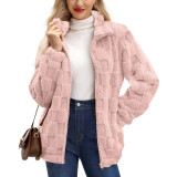 Women Fall Winter Zip Stand Collar Jacquard Plaid Coat