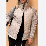 Women Fall Winter Zip Long Sleeve Stand Collar Plaid Jacquard Coat
