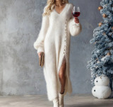 Women Fall Winter V-Neck Button Slit Dress