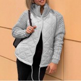 Women Fall Winter Zip Long Sleeve Stand Collar Plaid Jacquard Coat