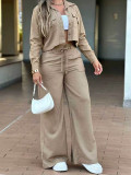 Women Solid Casual Stand Collar Pocket Long Sleeve Top & Pants Two Piece Set