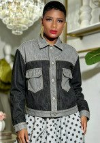 Women Color Block Patchwork Turndown Collar Stitched Cargo Denim Jacket Women Color Block Patchwork Turndown Collar Stitched Cargo Denim Jacket