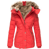 Women Winter Fur Collar Zip Long Sleeve Hooded Coat