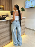 Women Pocket Washed Denim Pants