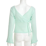 Women Fall Winter Sexy V-Neck Bow Top