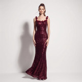Women Iridescent Sequin Floral Spaghetti Strap Backless Mermaid Formal Party Evening Dress