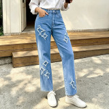 Women Fall American Star Patch Embroidery Denim Pants