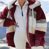 Women Fall Winter Fuzzy Patchwork Zip Pocket Hooded Coat