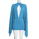 Women Fall Sexy Hollow Solid Irregular Long Sleeve Rhinestone Dress