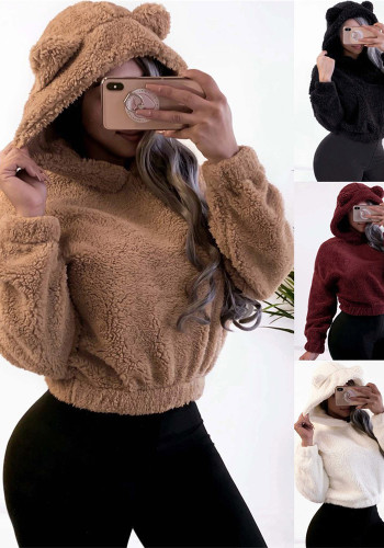 Women Fall Winter Fuzzy Bunny Ear Hooded Sweater