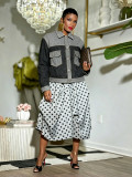 Women Color Block Patchwork Turndown Collar Stitched Cargo Denim Jacket