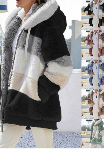Women Fall Winter Fuzzy Patchwork Zip Pocket Hooded Coat