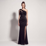 Women Beaded Floral One Shoulder Tassel Chain Slit Mermaid Evening Dress