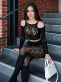 Women Sexy Off Shoulder Mesh Lace Patchwork Long Sleeve Top & See-Through Two Pieces Outfit