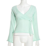 Women Fall Winter Sexy V-Neck Bow Top