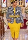 Plus Size Women Printed Top & Yellow Slit Bodycon Skirt Two Piece Set