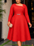 Plus Size Women Red Slash Shoulder Rhinestone Waist Belt Long Sleeve Dress