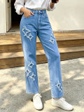 Women Fall American Star Patch Embroidery Denim Pants