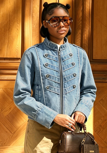 Women Napoleon Style Stand Collar Denim Jacket