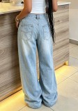 Women Pocket Washed Denim Pants