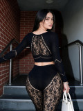 Women Sexy Off Shoulder Mesh Lace Patchwork Long Sleeve Top & See-Through Two Pieces Outfit