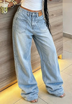 Women Pocket Washed Denim Pants Women Pocket Washed Denim Pants