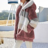 Women Fall Winter Fuzzy Patchwork Zip Pocket Hooded Coat
