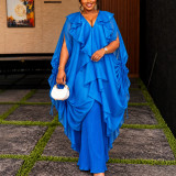 Plus Size Women Blue Ruffle V-Neck Cape Top & Pleated Wide Leg Pants Two Piece Set