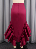 Plus Size Women Burgundy Ruffle Irregular Mermaid Bodycon Skirt