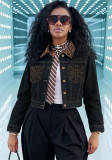 Women Color Block Leopard Collar Rivet Pocket Denim Jacket