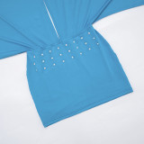 Women Fall Sexy Hollow Solid Irregular Long Sleeve Rhinestone Dress